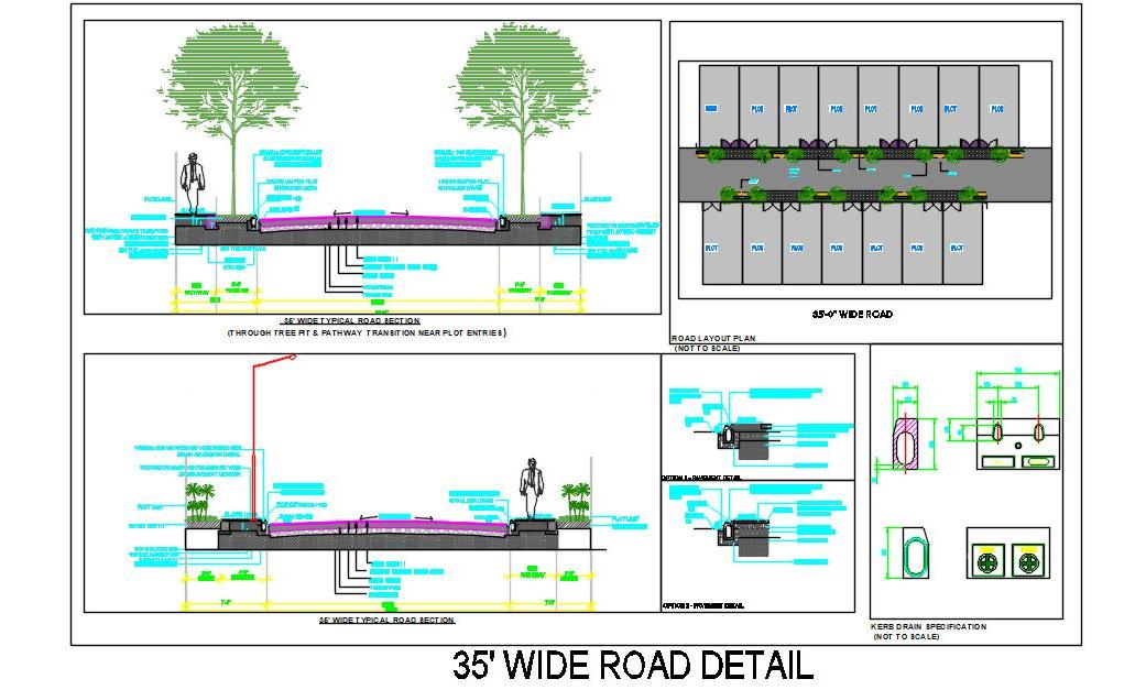 35' Road Design with Pathways & Drain Details in AutoCAD